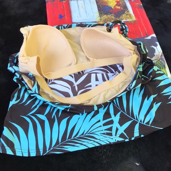 Jamaica Bay Tropical Leaves Swim Top Tankini Bra Brown  & Turquoise Blue Bra 16 - Picture 1 of 11